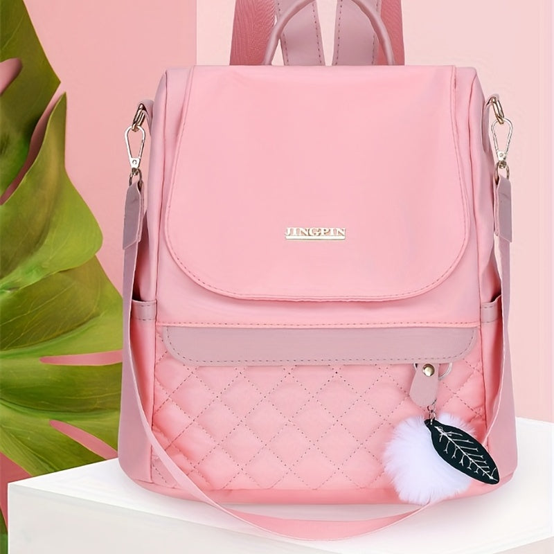 Quilted Flap Backpack Purse, Women's Nylon Travel Shoulder Bag, Casual Pompom Decor Bookbag