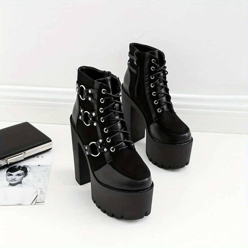 Women's Goth Motorcycle High Heel Boots, Block Heels Lace Up And Zipper Round Toe Platform Ankle Boots, Y2K Style Boots