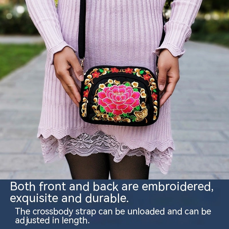 Stylish Double-Sided Embroidered Canvas Coin Purse Phone Bag for Women - Spacious Interior, Zipper Closure, and Detachable Strap - Ideal for Daily Use and Travel