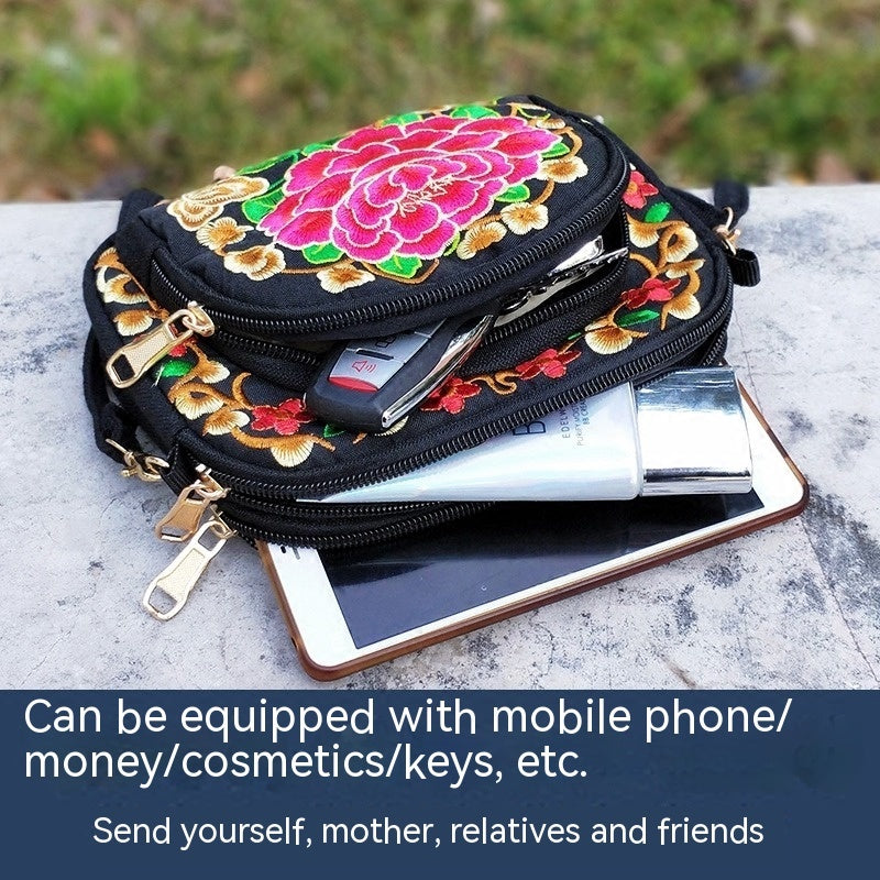 Stylish Double-Sided Embroidered Canvas Coin Purse Phone Bag for Women - Spacious Interior, Zipper Closure, and Detachable Strap - Ideal for Daily Use and Travel