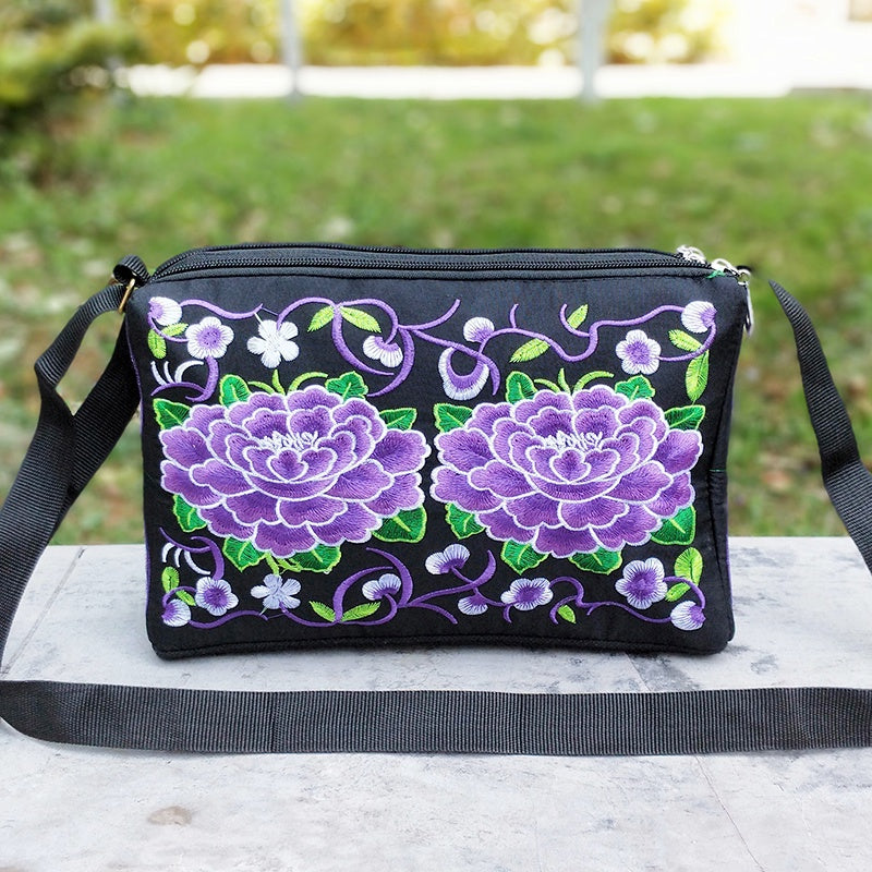 Floral Lightweight Crossbody Bag for Women – Adjustable Strap, Secure Zip, Embroidered Comic-Patterned Travel Purse