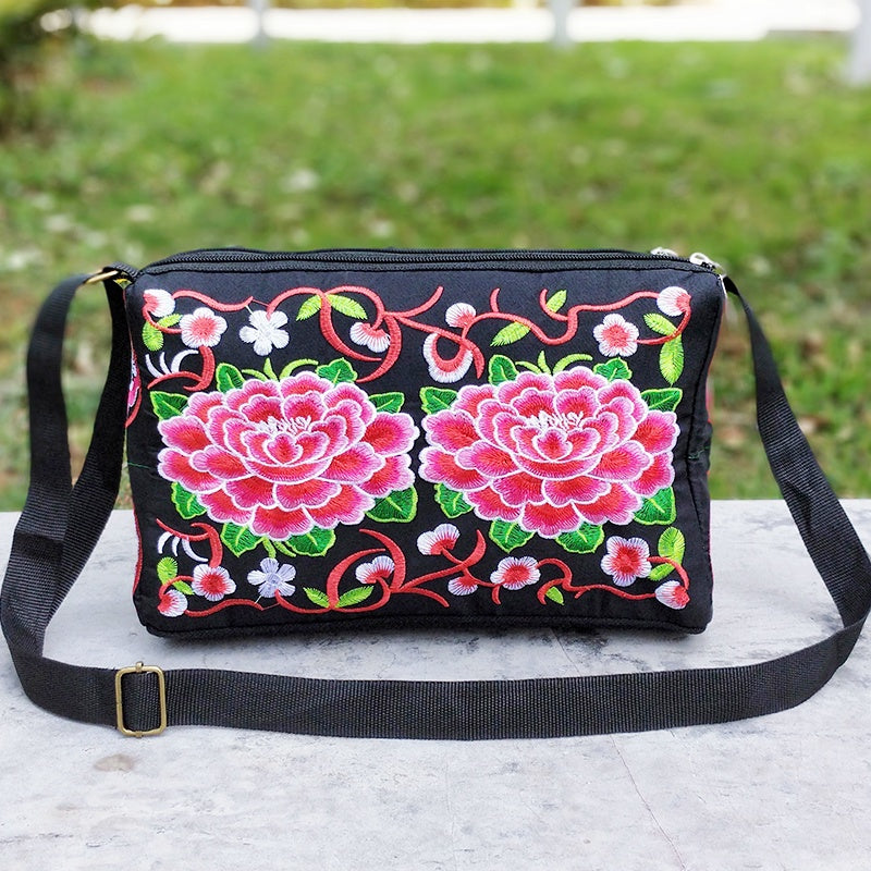 Floral Lightweight Crossbody Bag for Women – Adjustable Strap, Secure Zip, Embroidered Comic-Patterned Travel Purse