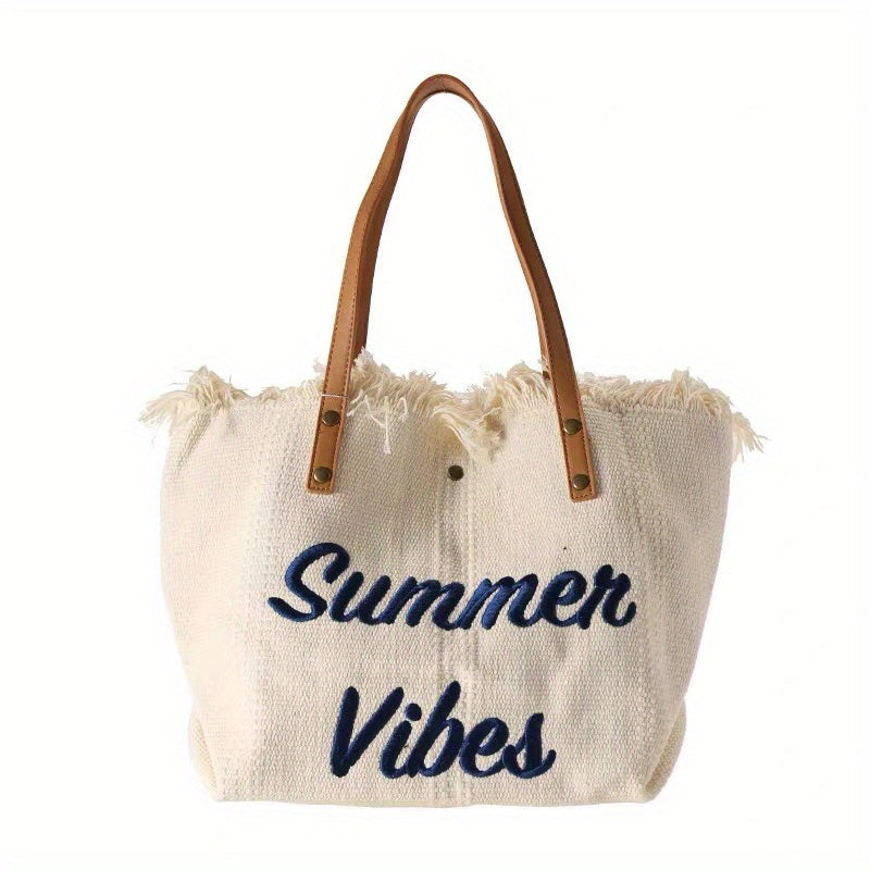 Bohemian Chic Embroidered Tote Bag - Stylish Letter Detail, Fringe Trim, Durable Canvas, Adjustable Shoulder Strap, Perfect for Womens Summer Beach Wear