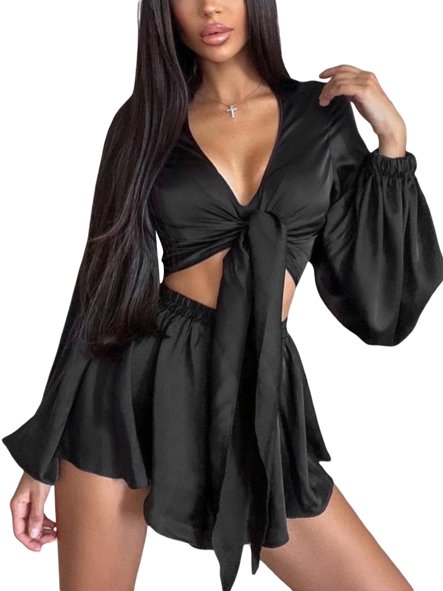 Women Shorts Set, Long Sleeve Tie-up Crop Top with Elastic Waist Shorts Summer Outfit