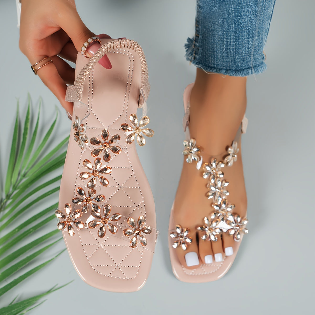 Womens Sparkling Rhinestone Butterfly Flat Sandals - Fashionable Open Toe Summer Shoes with Comfortable Elastic Bands - Ideal for Casual Everyday Wear