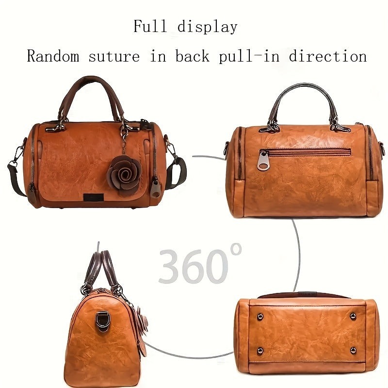 Vintage Boston Handbag, Large-capacity Trendy Satchel Bag, Flower Pendant Zipper Purse