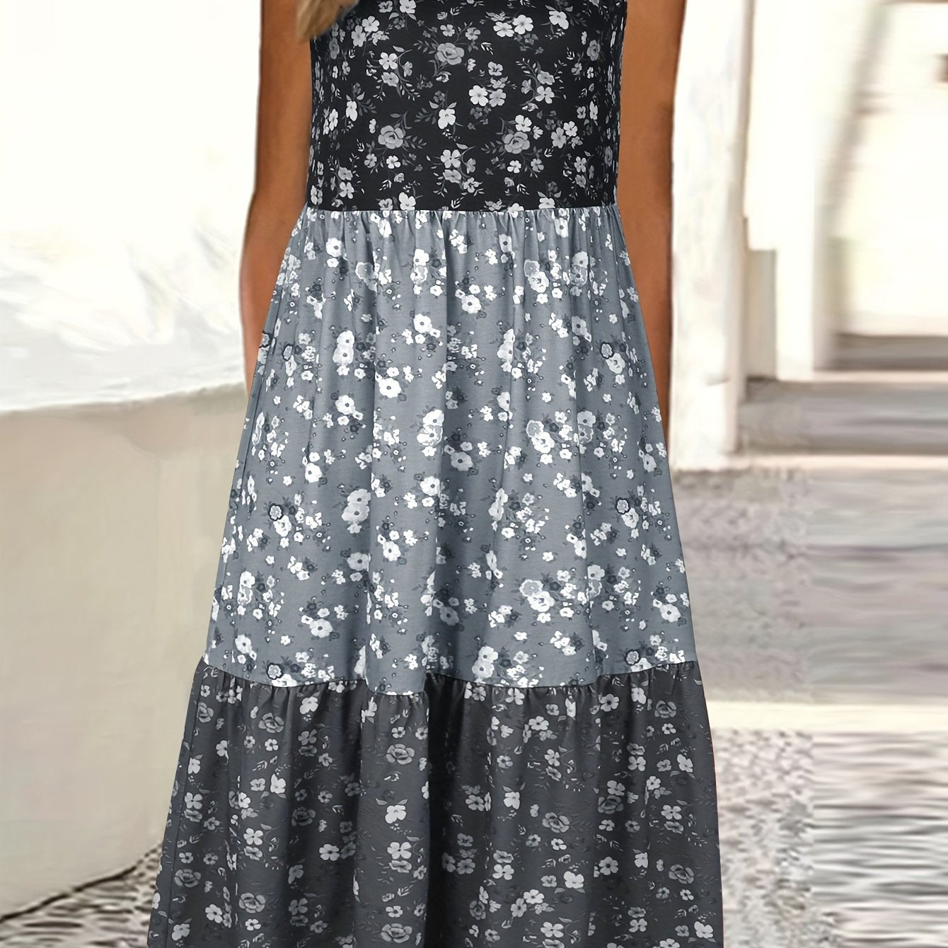 Vibrant Color Block Floral Print Tiered Tank Dress - Relaxed Fit, Crew Neck, Casual, Comfortable, Soft Fabric - Womens Summer Clothing, Beach Dress, Vacation Wear