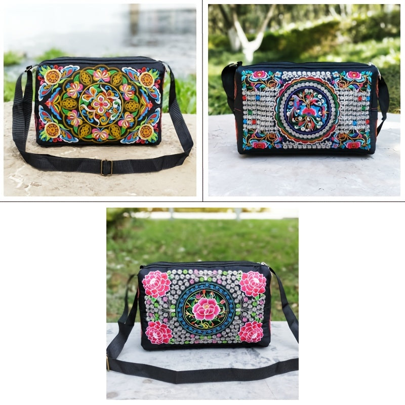 Floral Lightweight Crossbody Bag for Women – Adjustable Strap, Secure Zip, Embroidered Comic-Patterned Travel Purse