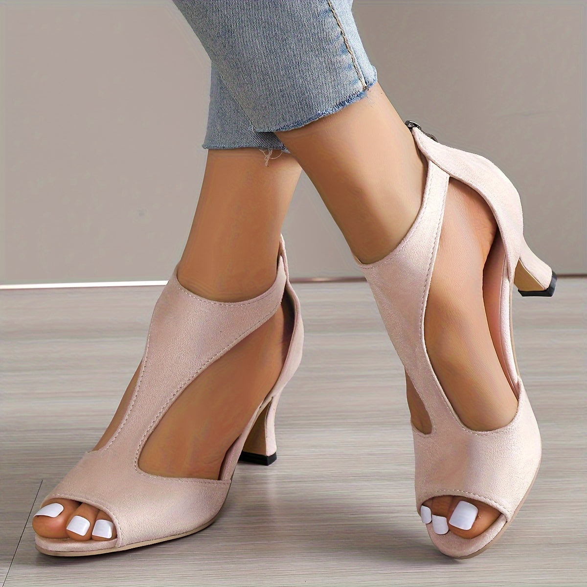 Chunky Heel Women's High Heels, Peep Toe T-strap Back Zipper Sandals, Fashion Black Shoes