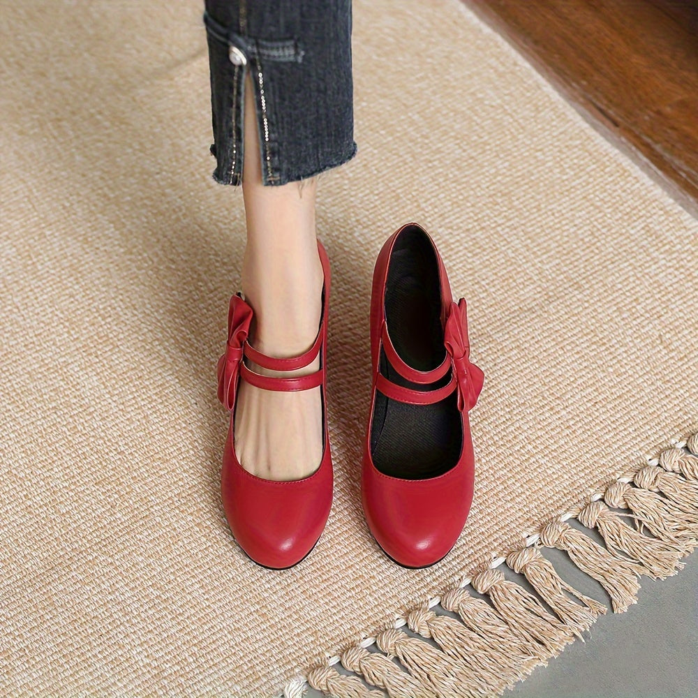 Round Toe Pumps Kitten Heels, Bowknot Ankle Straps PU Leather Fashion Dance Work Dress Chunky Shoes, Women's Footwear