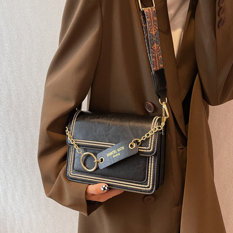 Chain Decor Square Crossbody Bag, Small Stitch Detail Flap Purse, Women's Faux Leather Shoulder Bag