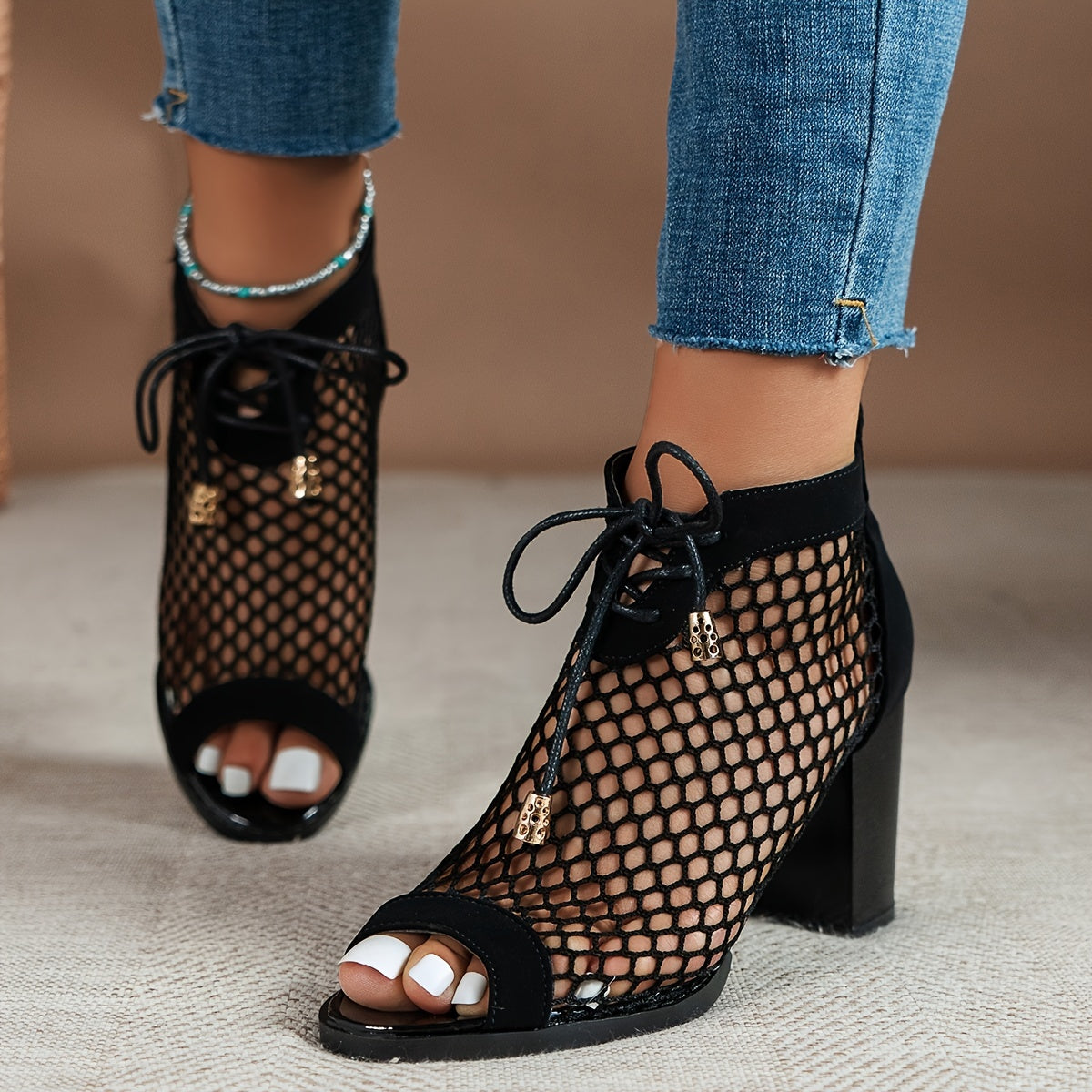Women's Leopard Print Mesh Block High Heels, Fashion Peep Toe Lace Up & Back Zipper Sandals, Sexy Dress Shoes