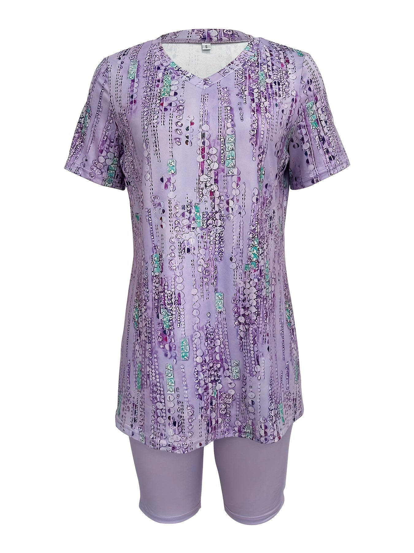 Trendy Womens Summer Shorts Outfit Set - Vibrant Allover Print V-neck T-shirt with Short Sleeves & Skinny Shorts - Lightweight, Comfortable, Figure-Flattering Casual Wear