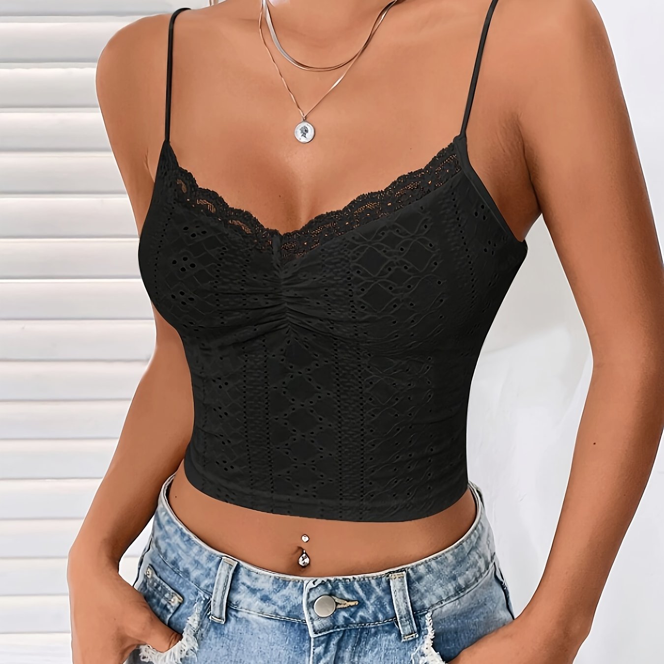 Flirty Lace Eyelet Cami Top - Adjustable Spaghetti Straps, Slim Fit & Crop Length - Versatile Solid Colors for Coquette Y2K Style - Womens Summer Fashion
