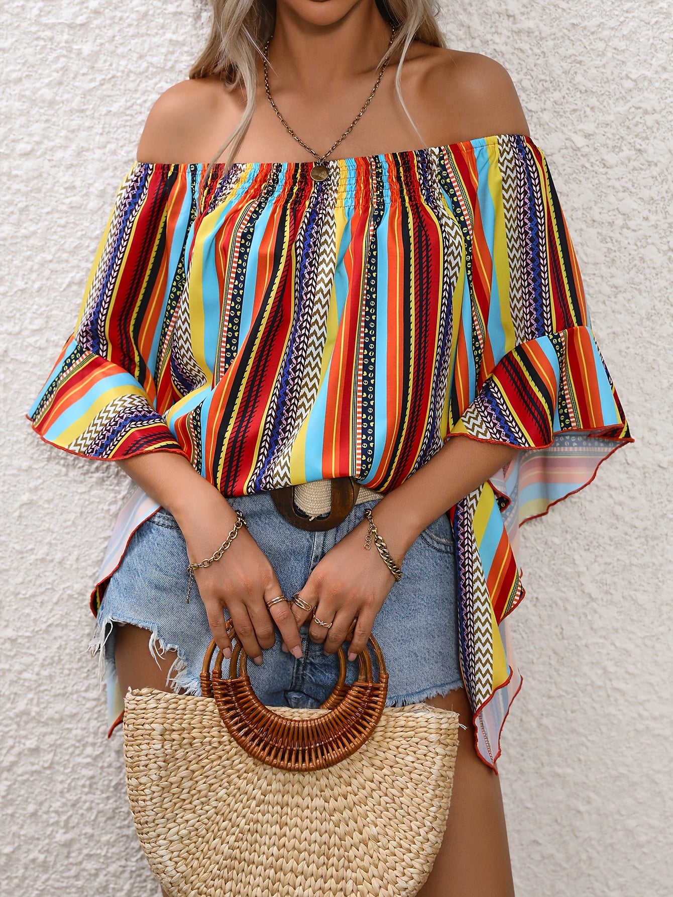 Vibrant Stripe Off-Shoulder Blouse - Flirty Ruffle Trim, Lightweight & Breathable - Womens Summer Vacation Wardrobe Staple