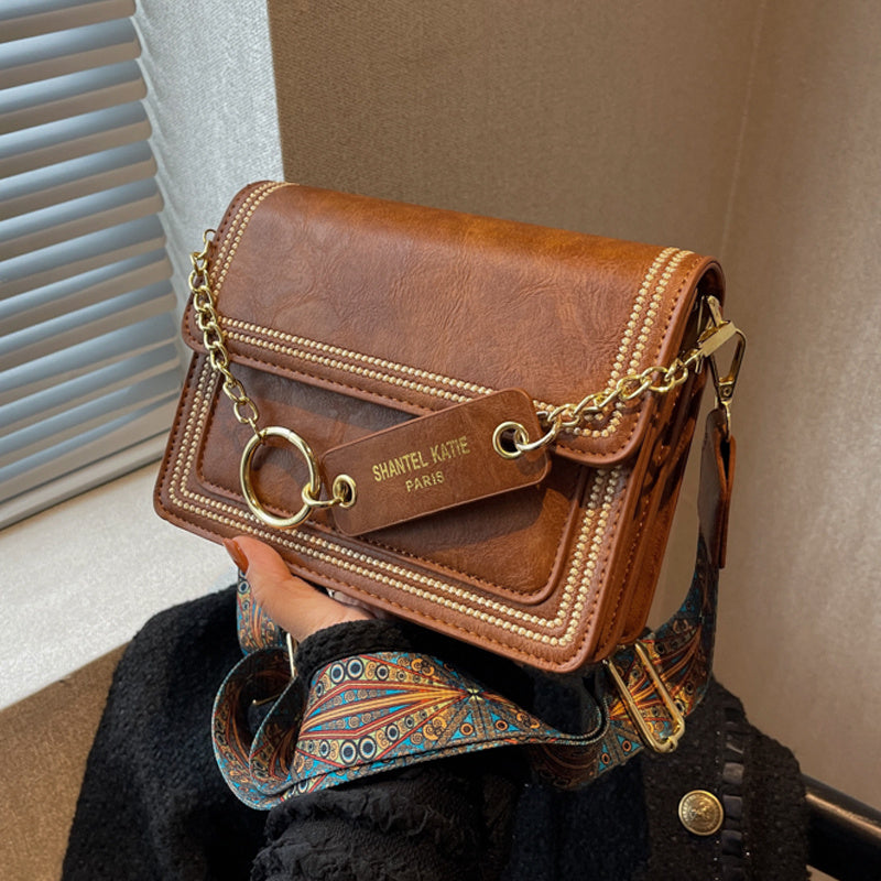 Chain Decor Square Crossbody Bag, Small Stitch Detail Flap Purse, Women's Faux Leather Shoulder Bag