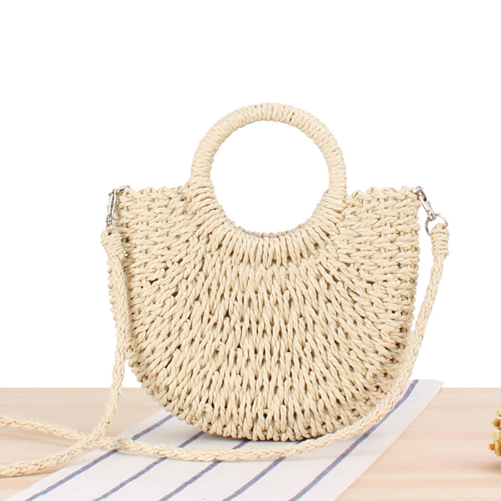 Half-Round Woven Straw Crossbody Bag - Lightweight, Removable Strap, Drawstring Closure, Polyester Lining, Perfect for Womens Summer Holiday and Beach Occasions