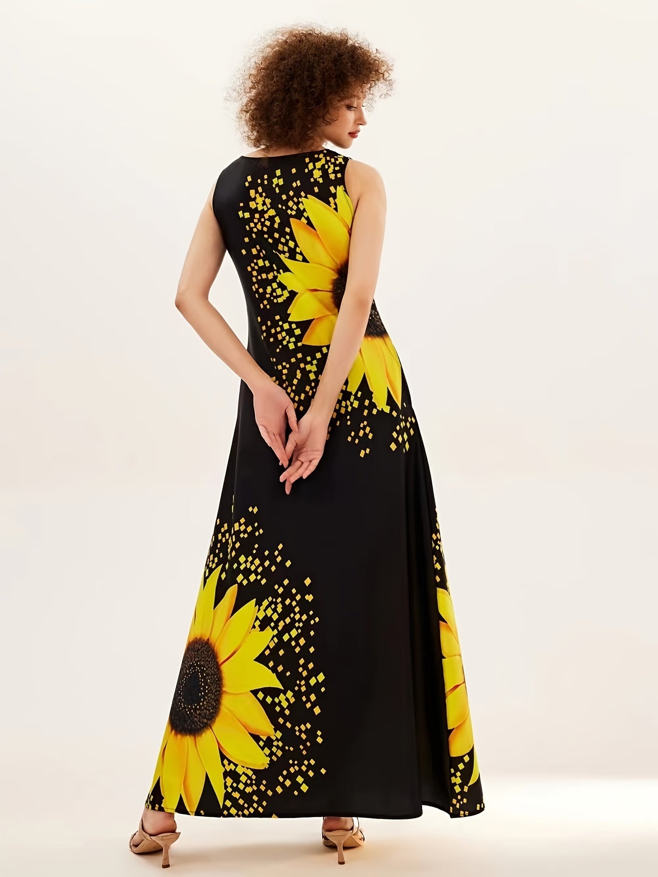 Sunflower Bloom Keyhole Maxi Dress - Casual Crew Neck, Sleeveless with Pockets - Feminine & Flattering Womens Summer Wear