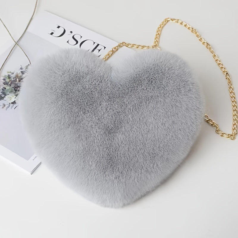 Heart Shaped Fluffy Shoulder Bag, Fashion Chain Crossbody Bag, Cute Zipper Purse For Valentine's Day