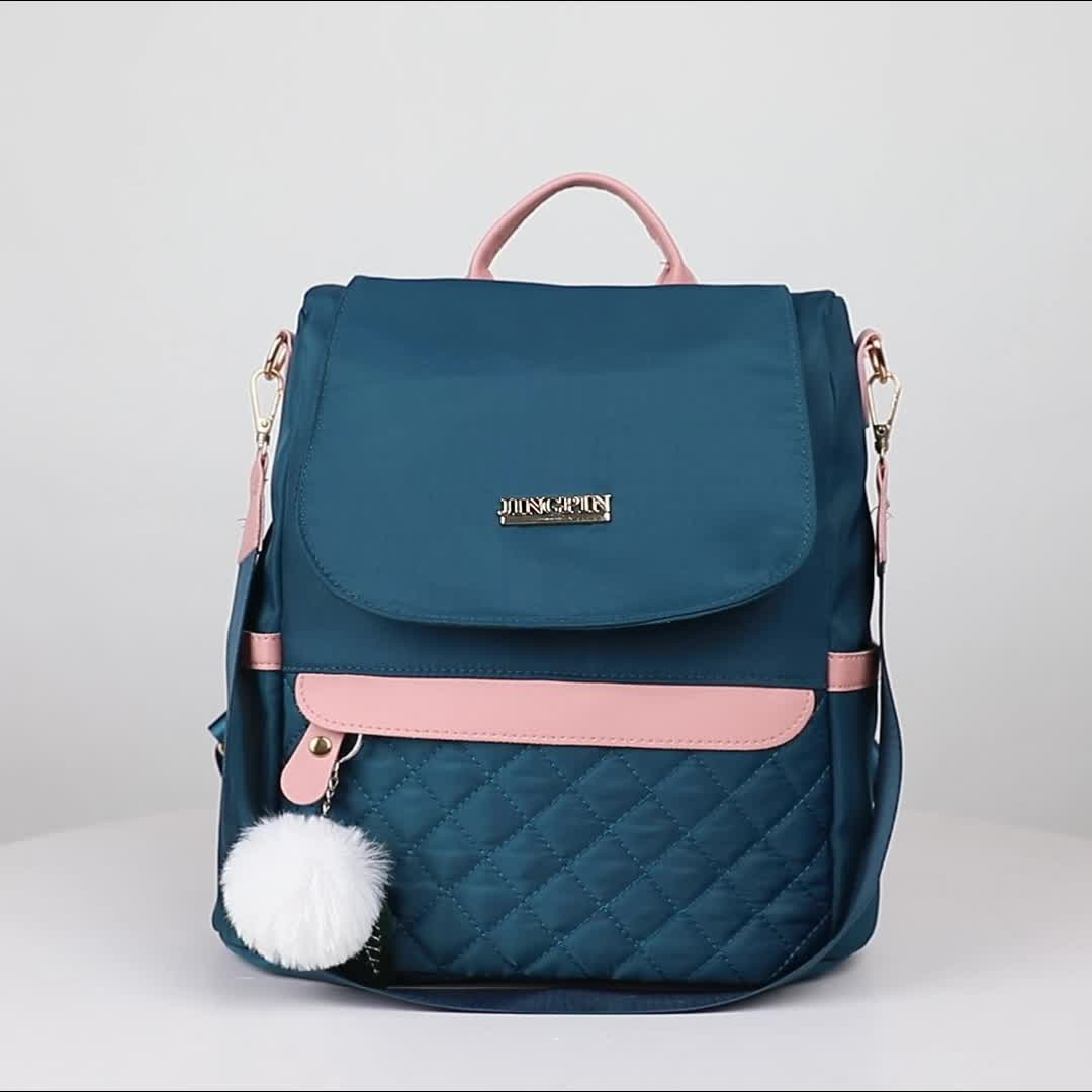 Quilted Flap Backpack Purse, Women's Nylon Travel Shoulder Bag, Casual Pompom Decor Bookbag