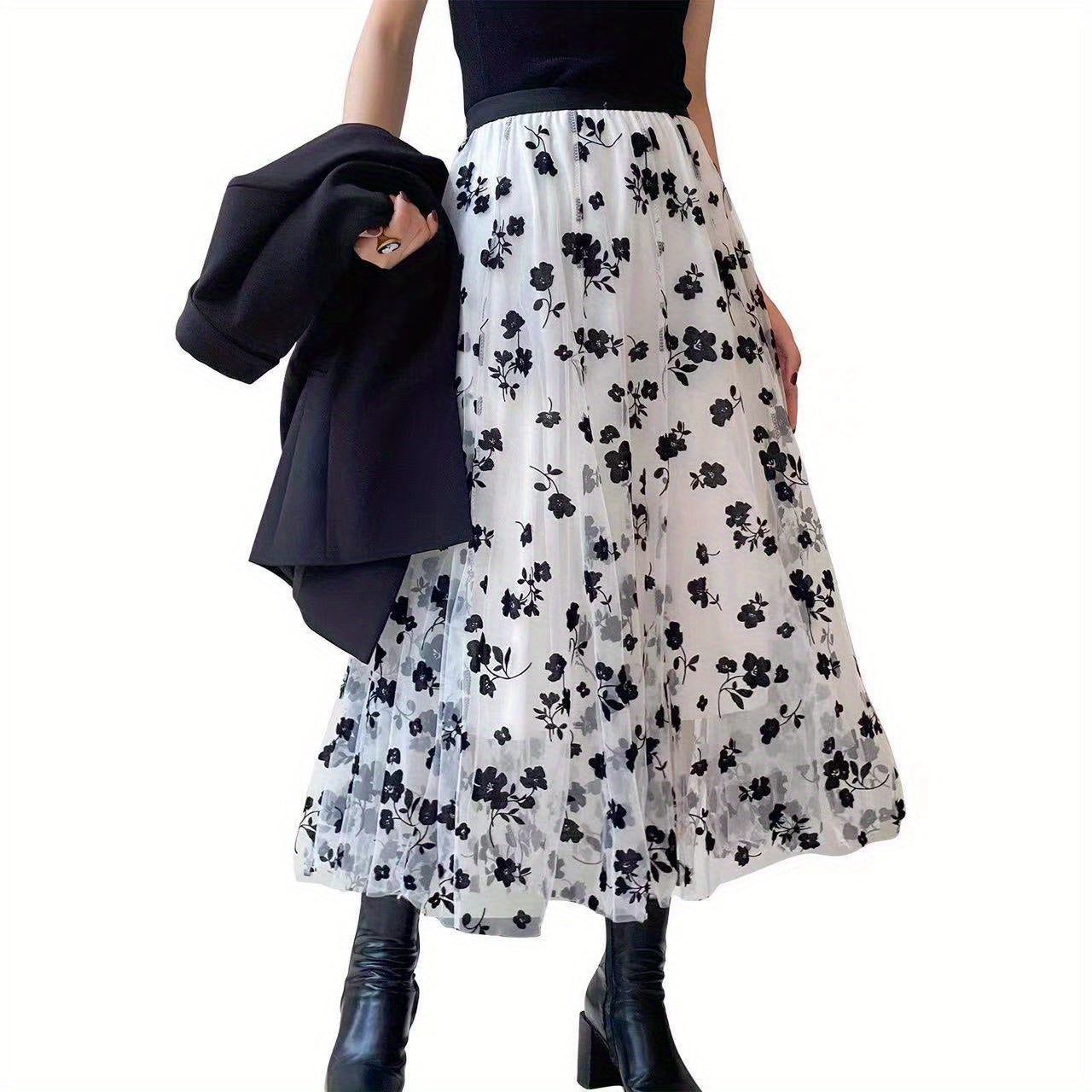 Plant Print Contrast Mesh Skirts, Elegant High Waist Maxi Skirts, Women's Clothing