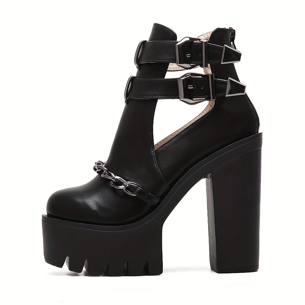 Women's Goth Platform Block High Heels, Black Chain Decor Double Buckle Strap Ankle Boots, Back Zipper Short Motorcycle Boots