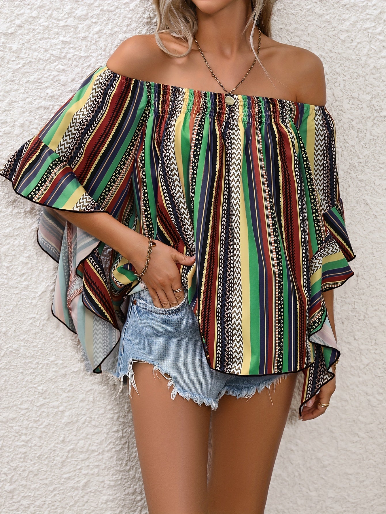 Vibrant Stripe Off-Shoulder Blouse - Flirty Ruffle Trim, Lightweight & Breathable - Womens Summer Vacation Wardrobe Staple