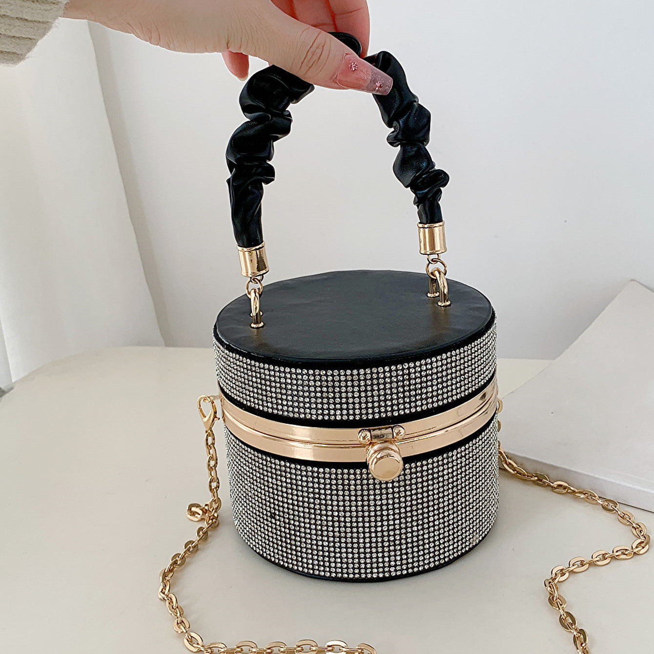 Mini Allover Rhinestone Handbag, Ruched Detail Evening Bucket Bag, Stylish Chain Shoulder Purse For Party (3.9*4.7*4.7) Inch Best Gifts for Carnaval