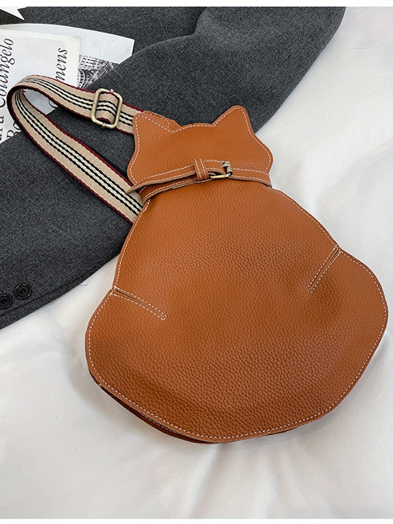 Cat Shaped Shoulder Bag, Vintage PU Leather Sling Bag, Women's Kawaii Crossbody Purse