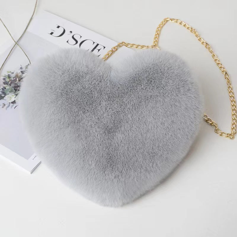 Heart Shaped Fluffy Shoulder Bag, Fashion Chain Crossbody Bag, Cute Zipper Purse For Valentine's Day