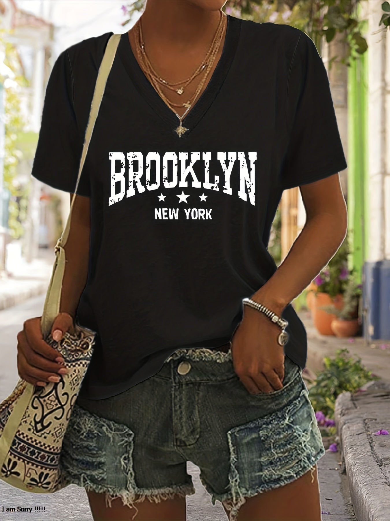 Chic Brooklyn Vibes Tee - Comfy V-Neck, Short-Sleeved, Casual Womens Summer Top