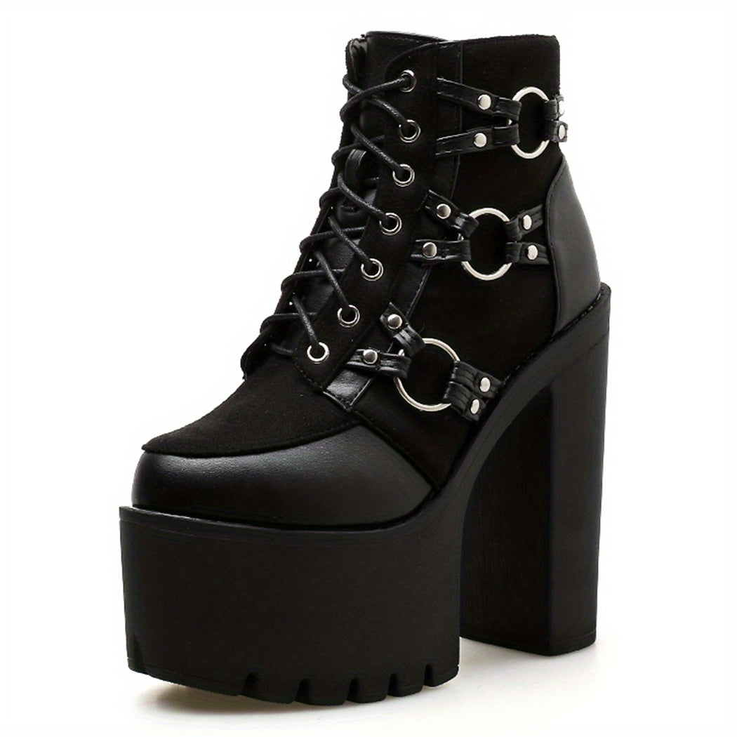 Women's Goth Motorcycle High Heel Boots, Block Heels Lace Up And Zipper Round Toe Platform Ankle Boots, Y2K Style Boots