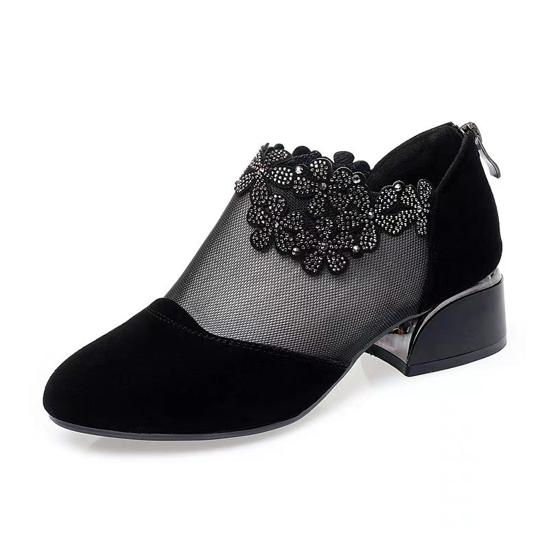 Women's Flower Rhinestone Mesh Block Heels, Fashion Back Zipper Solid, Versatile Dress Low Heels