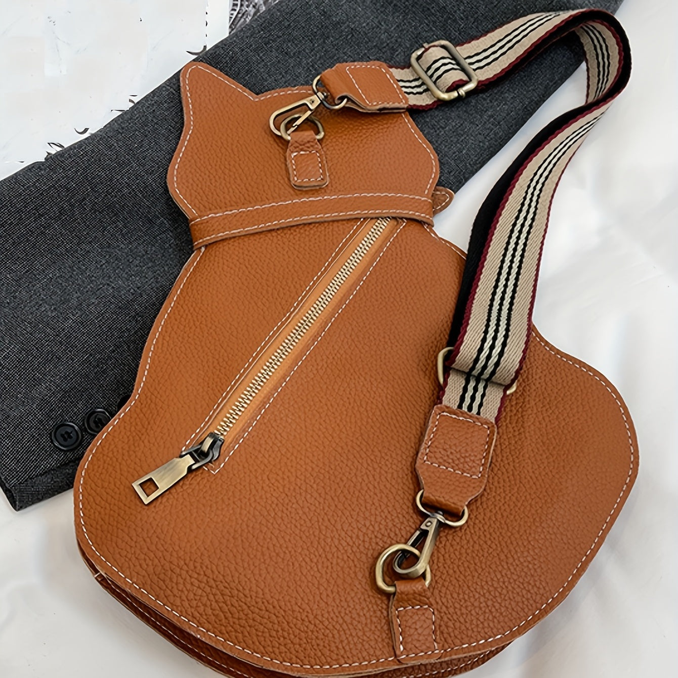 Cat Shaped Shoulder Bag, Vintage PU Leather Sling Bag, Women's Kawaii Crossbody Purse