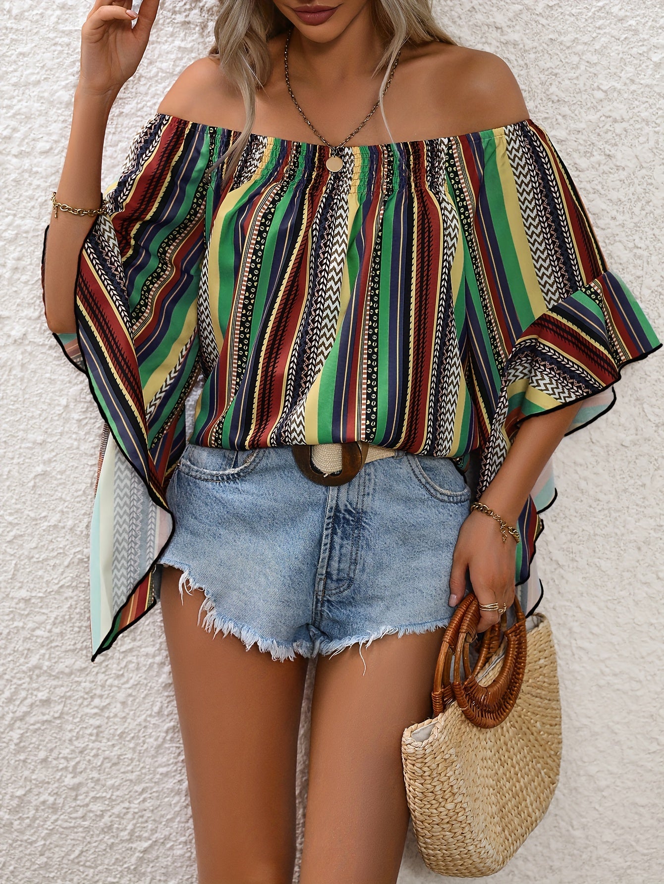 Vibrant Stripe Off-Shoulder Blouse - Flirty Ruffle Trim, Lightweight & Breathable - Womens Summer Vacation Wardrobe Staple