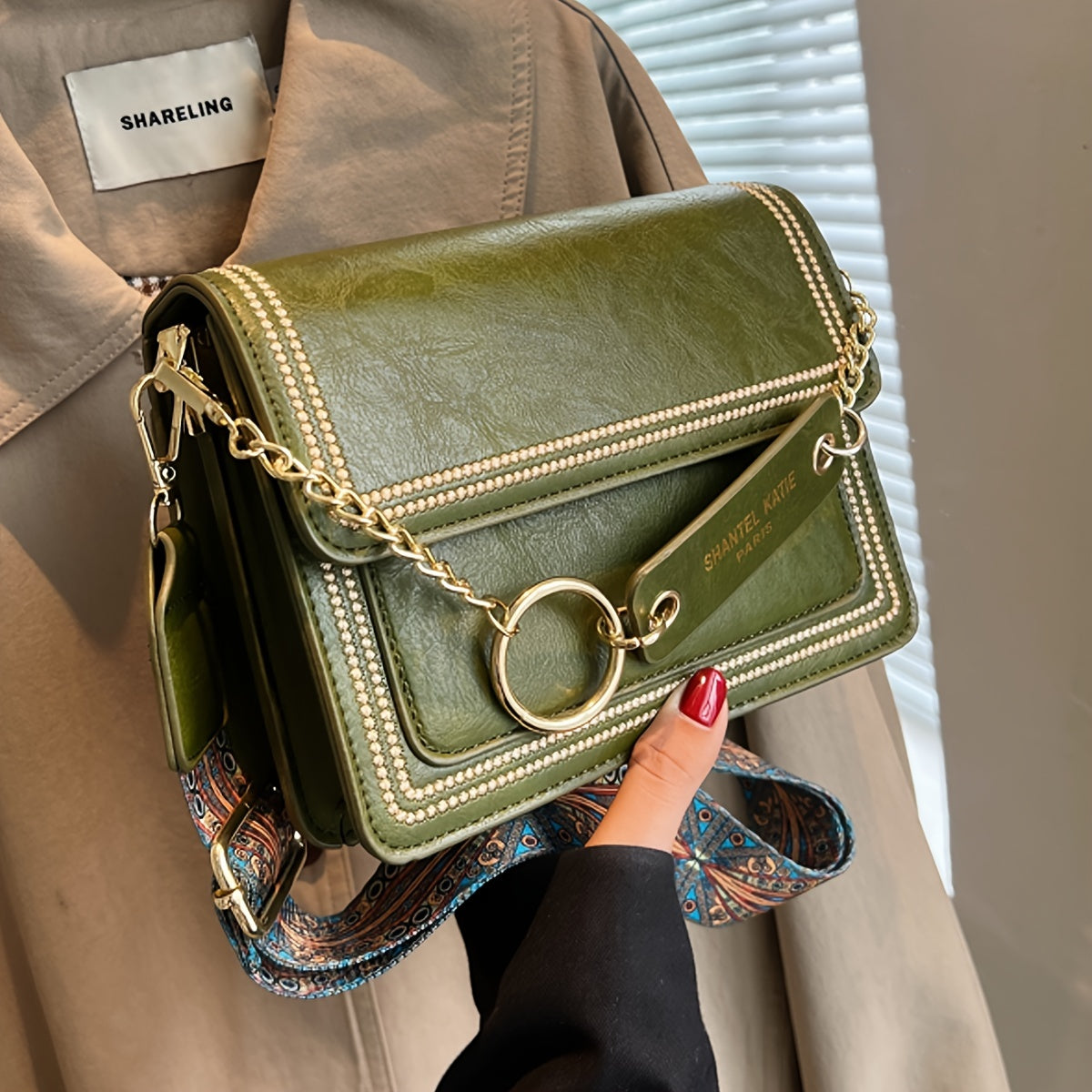 Chain Decor Square Crossbody Bag, Small Stitch Detail Flap Purse, Women's Faux Leather Shoulder Bag