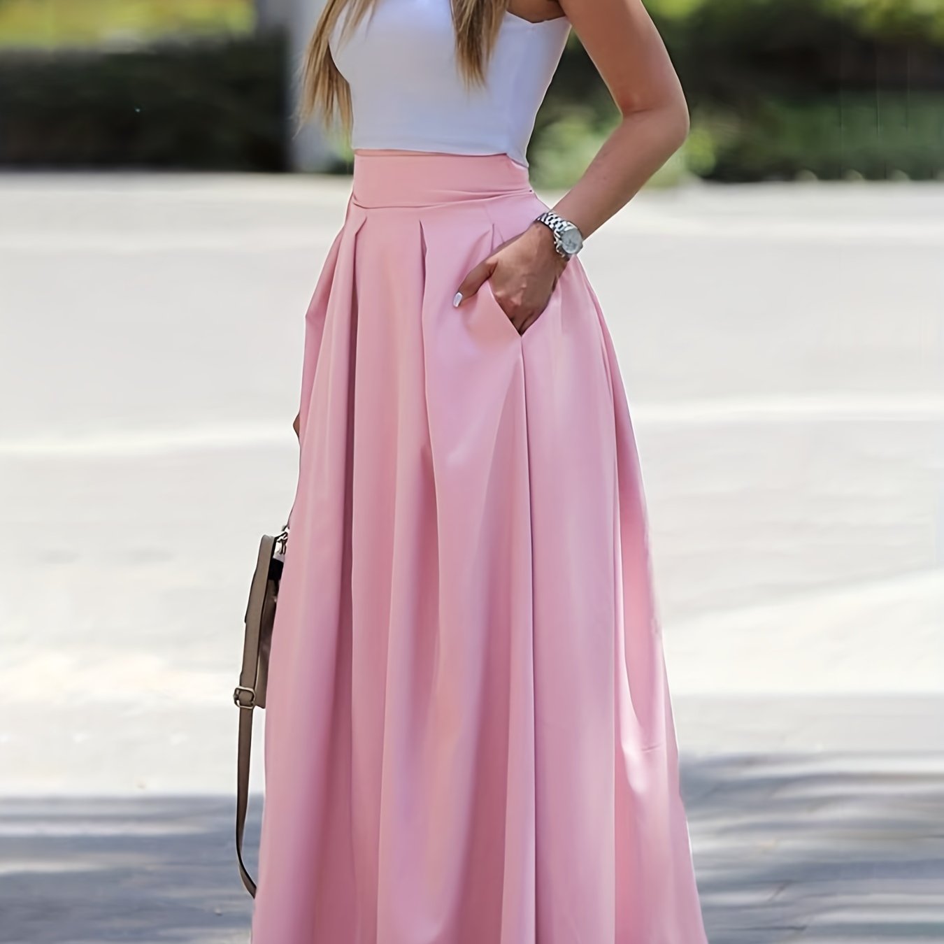 Ruched High Waist Skirts, Elegant Solid Versatile Maxi Skirts, Women's Clothing