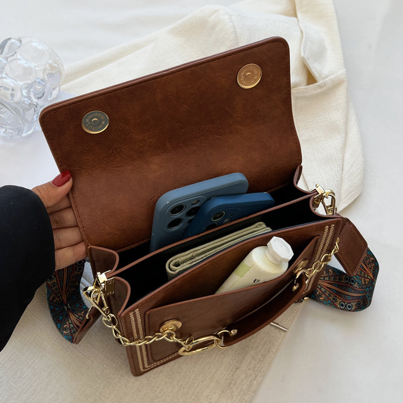Chain Decor Square Crossbody Bag, Small Stitch Detail Flap Purse, Women's Faux Leather Shoulder Bag
