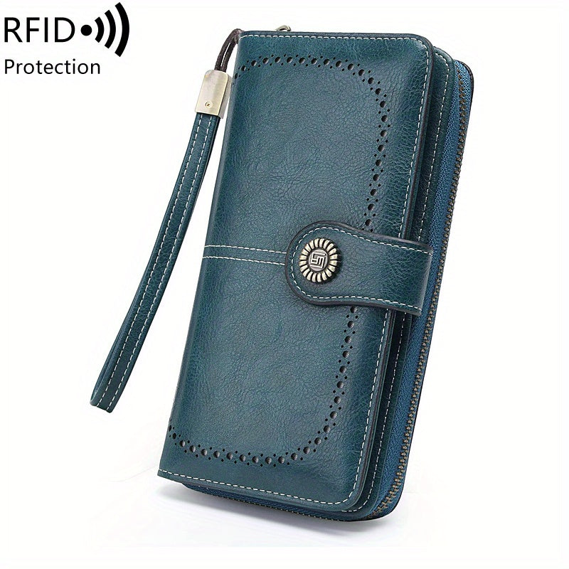 Vintage-Style RFID Long Wallet – Large-Capacity Faux Leather Coin Purse with Wristband, Snap Closure & Multi-Card Slots