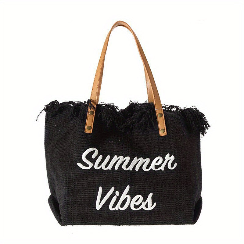 Bohemian Chic Embroidered Tote Bag - Stylish Letter Detail, Fringe Trim, Durable Canvas, Adjustable Shoulder Strap, Perfect for Womens Summer Beach Wear