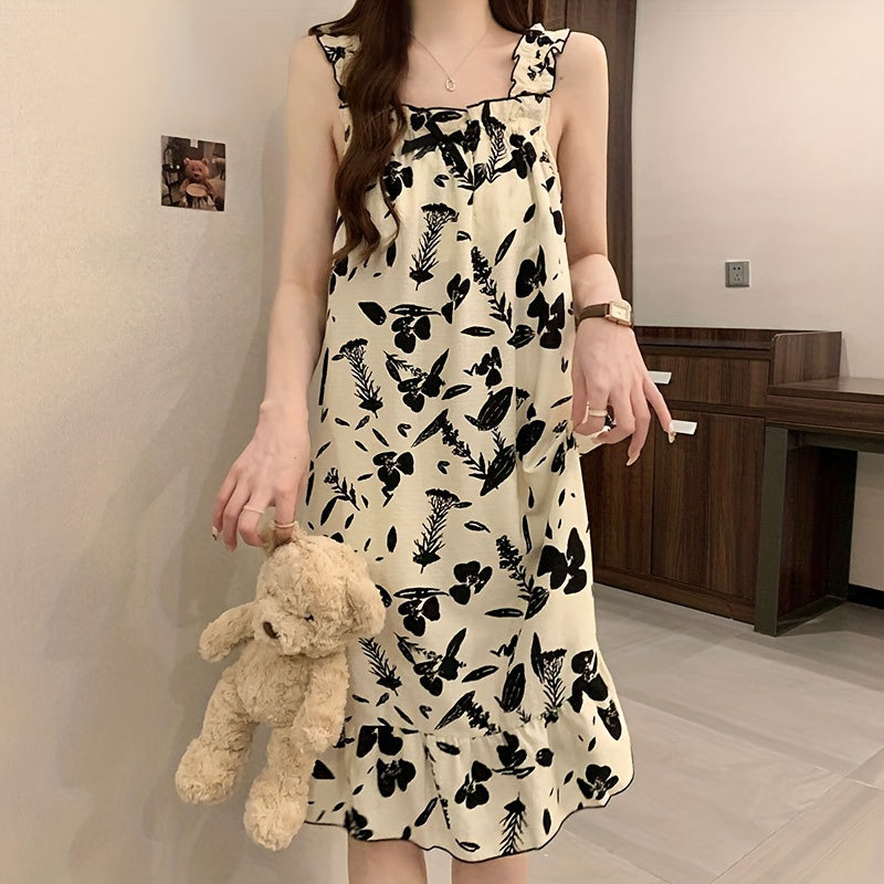 Womens Summer Sleeveless Nightgown with Removable Pads - Soft, Thin & Comfortable Sleepwear Dress - Basic Vest Style for Versatile Fit - Charming Leaf Pattern Homewear - Designed for Women