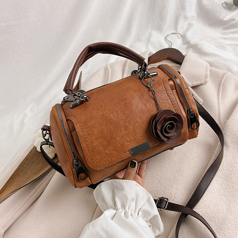 Vintage Boston Handbag, Large-capacity Trendy Satchel Bag, Flower Pendant Zipper Purse