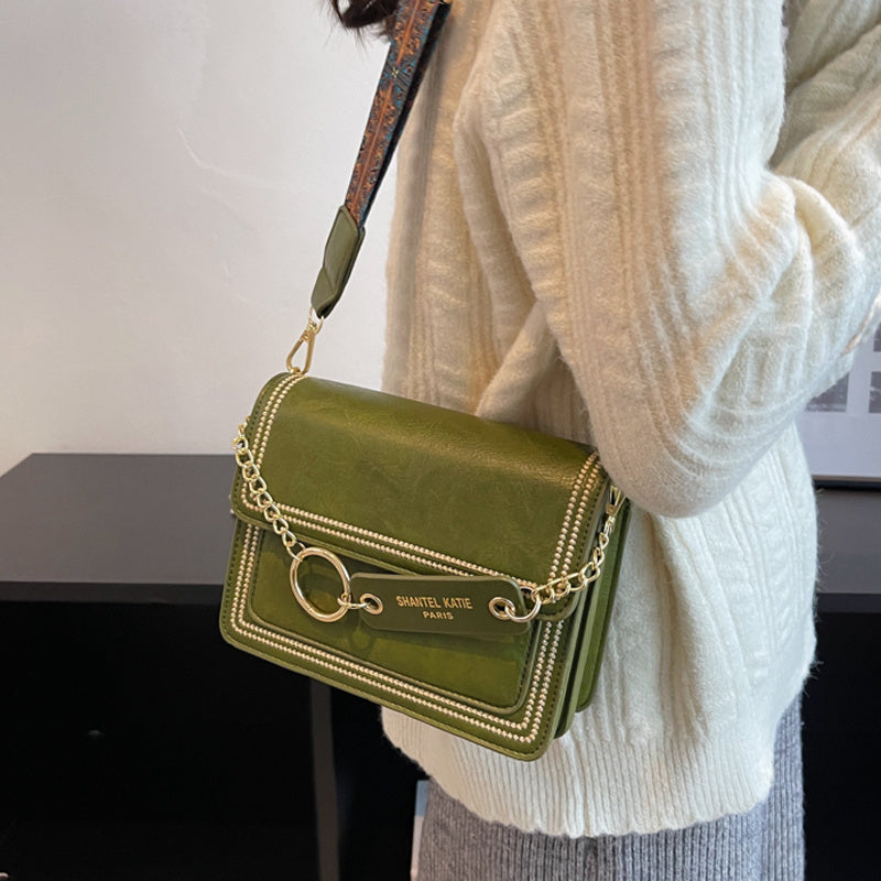 Chain Decor Square Crossbody Bag, Small Stitch Detail Flap Purse, Women's Faux Leather Shoulder Bag