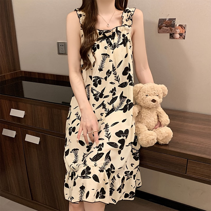 Womens Summer Sleeveless Nightgown with Removable Pads - Soft, Thin & Comfortable Sleepwear Dress - Basic Vest Style for Versatile Fit - Charming Leaf Pattern Homewear - Designed for Women