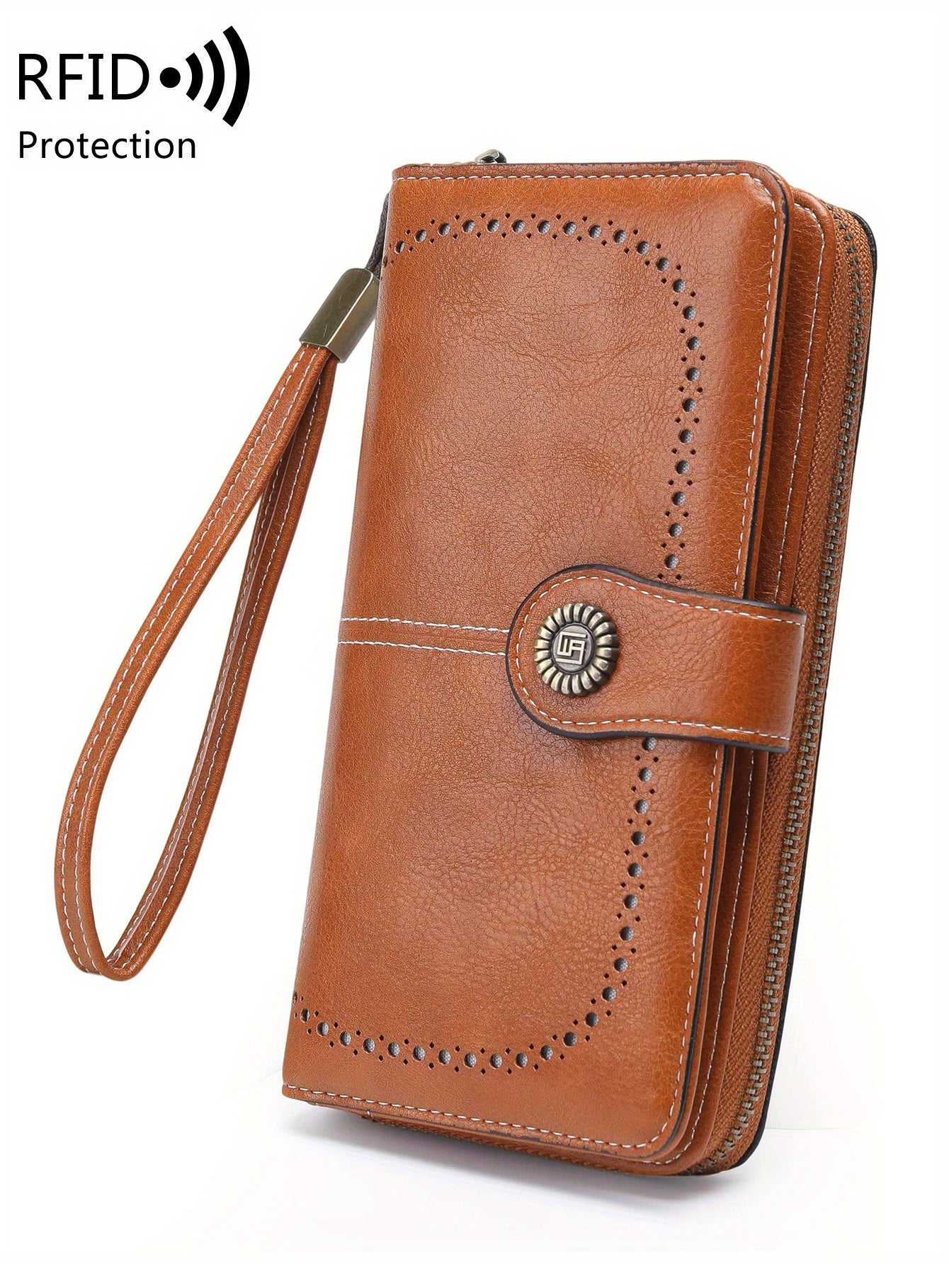 Vintage-Style RFID Long Wallet – Large-Capacity Faux Leather Coin Purse with Wristband, Snap Closure & Multi-Card Slots