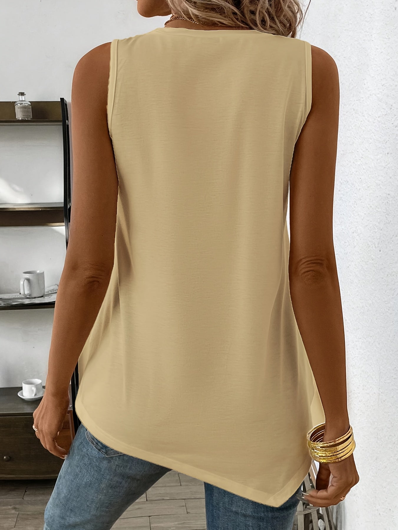 Summer Essential Asymmetrical Neck Crew Neck Tank Top - Soft Micro Elastic Polyester Fabric, Semi-Sheer, Solid Color, Casual Knit Fabric Style - Perfect for Womens Summer Clothing