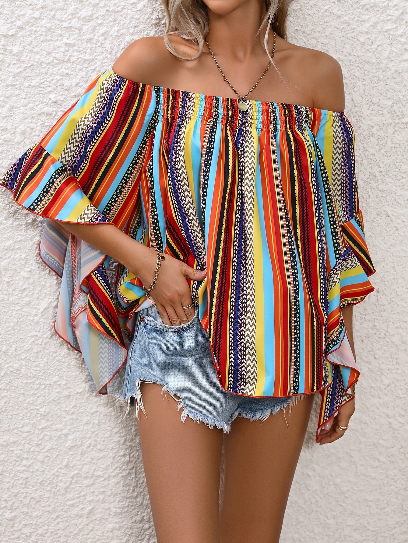 Vibrant Stripe Off-Shoulder Blouse - Flirty Ruffle Trim, Lightweight & Breathable - Womens Summer Vacation Wardrobe Staple