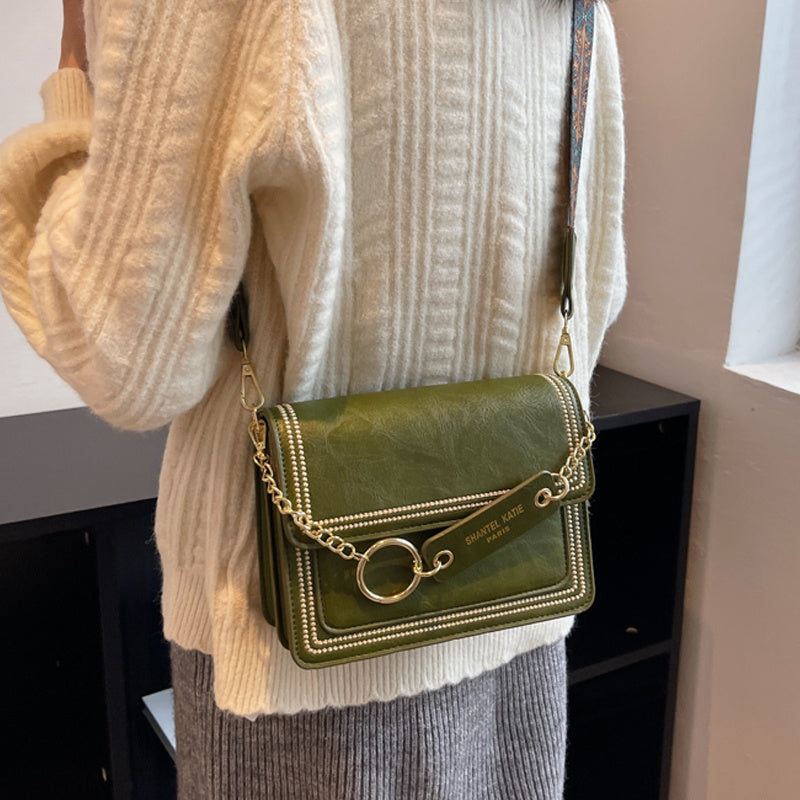 Chain Decor Square Crossbody Bag, Small Stitch Detail Flap Purse, Women's Faux Leather Shoulder Bag
