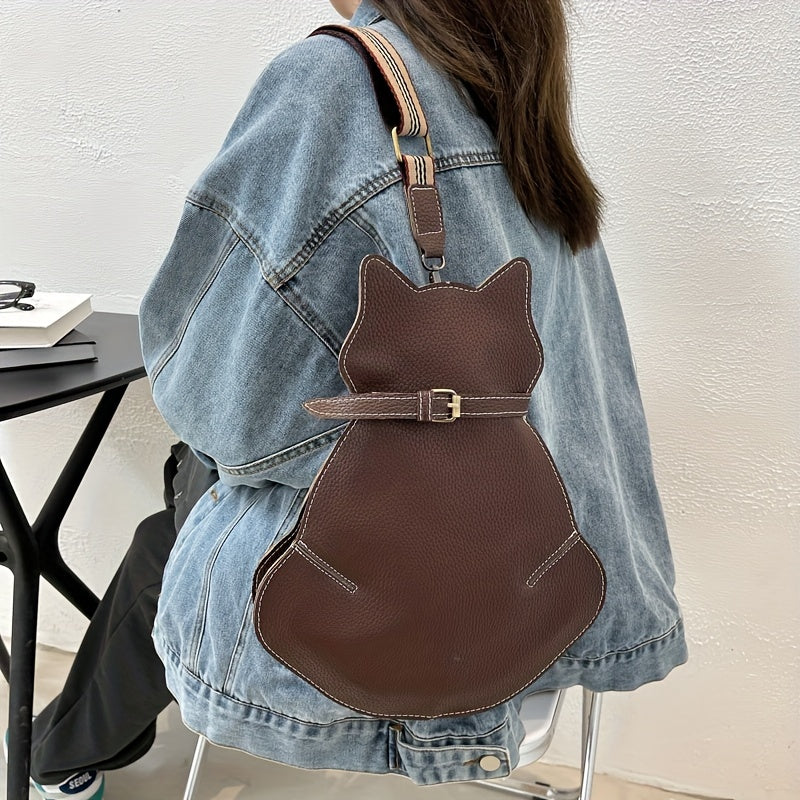 Cat Shaped Shoulder Bag, Vintage PU Leather Sling Bag, Women's Kawaii Crossbody Purse