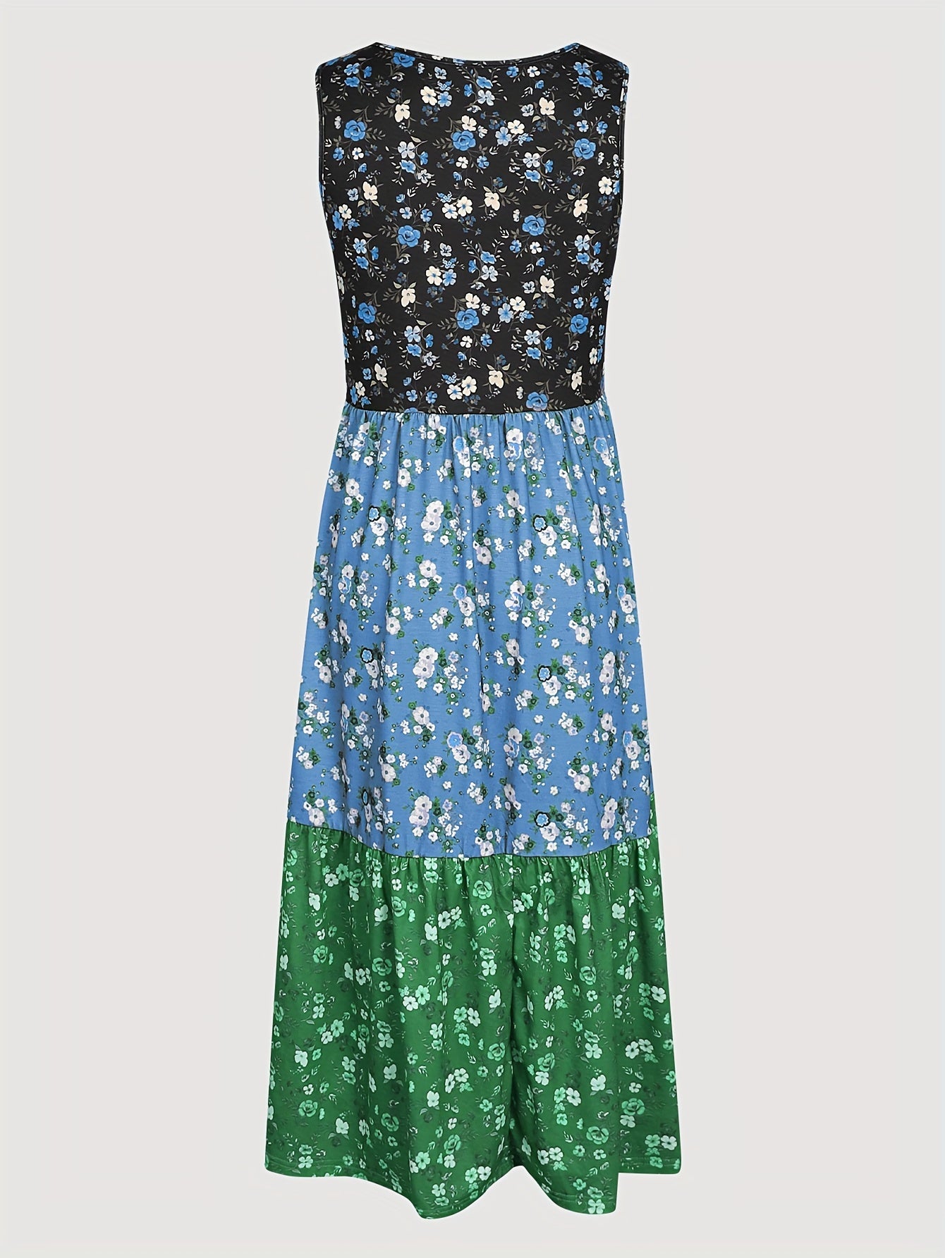 Vibrant Color Block Floral Print Tiered Tank Dress - Relaxed Fit, Crew Neck, Casual, Comfortable, Soft Fabric - Womens Summer Clothing, Beach Dress, Vacation Wear